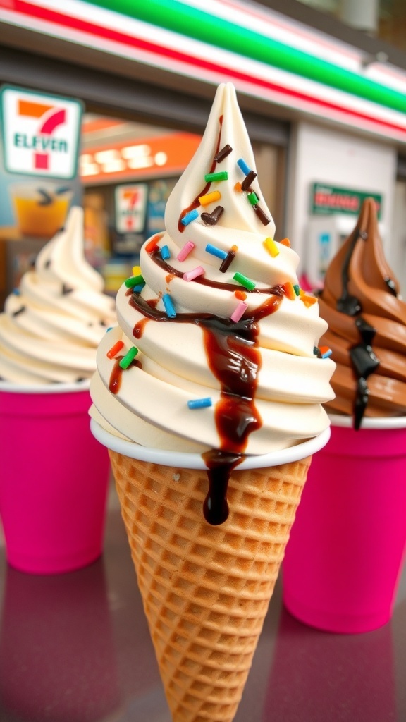 A variety of ice cream flavors and a soft-serve cone with sprinkles from 7-Eleven.